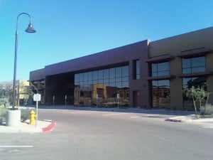 The first office building.  You can see the reflection of the retail section in the windows.