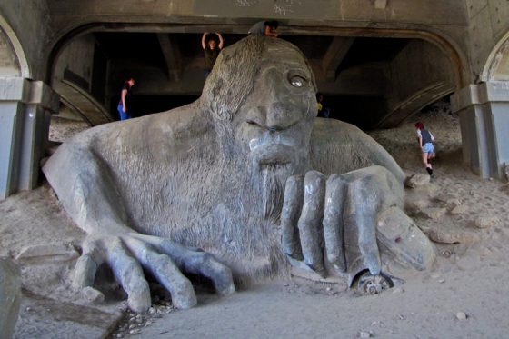 The Fremont Troll sculpture under the Aurora Bridge in Seattle.