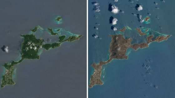 A satellite image of Virgin Gorda before Hurricane Irma hit (left) and after (right)
