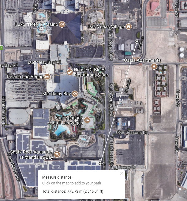 The shooter’s line of sight to where the videographer captured the muzzle flash and sound of the shot. (Google Maps)