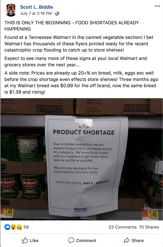 ALERT !!! Walmart. They have bare spots all over the shelves. Lots of them. Limited choices on random other non food items too.EDIT=SEE! Ecbshortage