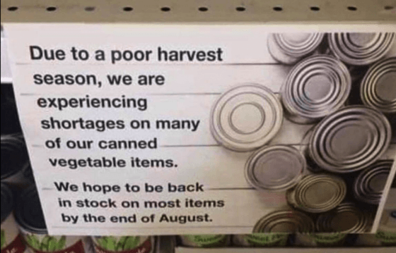 ALERT !!! Walmart. They have bare spots all over the shelves. Lots of them. Limited choices on random other non food items too.EDIT=SEE! Poorharvest-e1563371301331