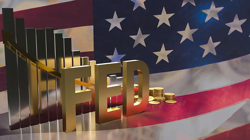 The gold text fed and chart on Usa flag background for business